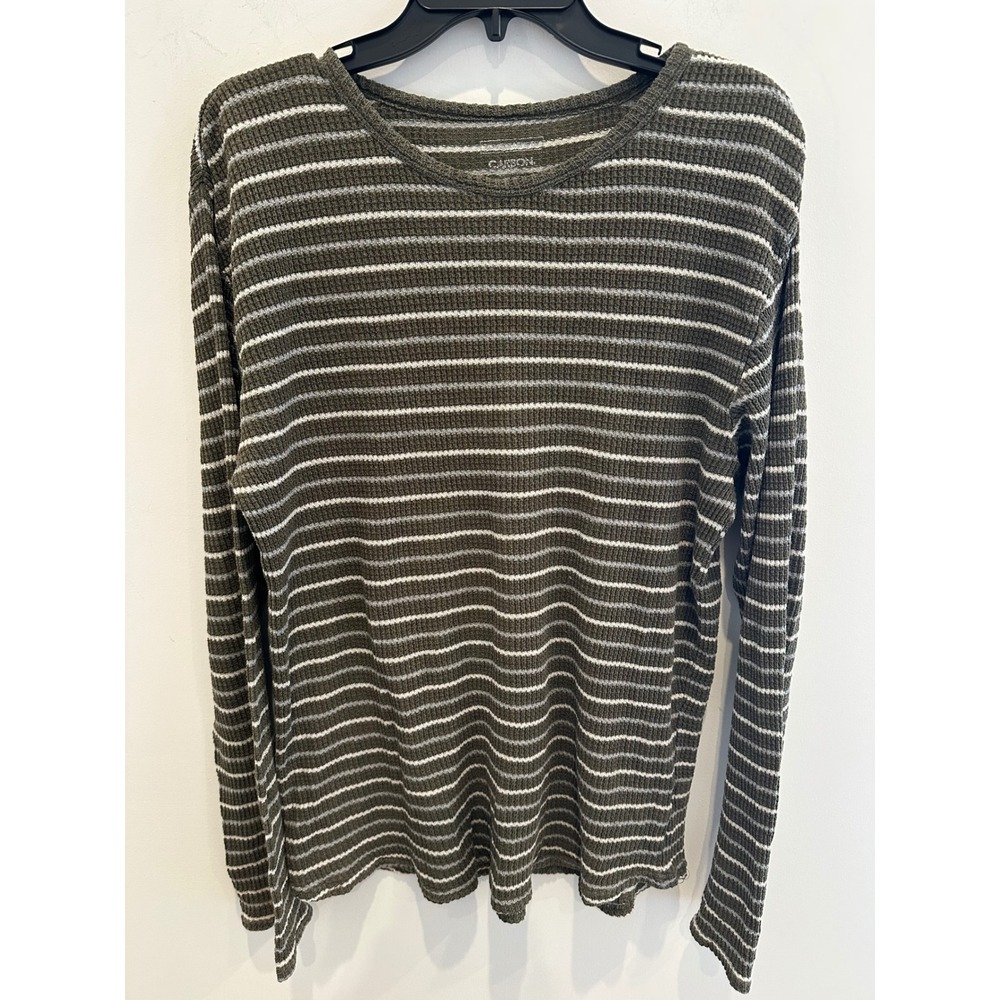 Carbon Womens XL Olive Green Striped Waffle Knit Thermal Long Sleeve Top